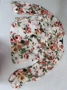 Forever 21 Cream Floral Long Sleeve Blouse with Pink and Green Roses